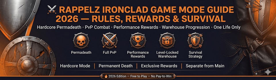 Rappelz Ironclad hardcore permadeath game mode guide banner showing one-life rules, PvP combat, performance rewards, and survival strategies