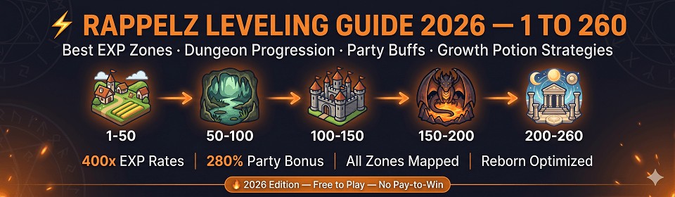 Rappelz Leveling Guide 2026 showing fastest route from level 1 to 260 with best EXP zones, dungeon progression, and party buffs on Rappelz Tournament private server