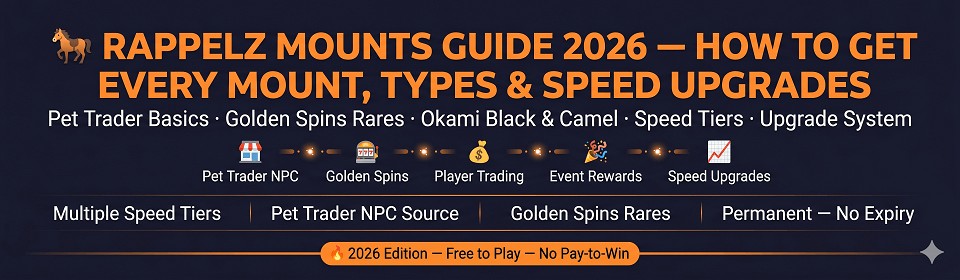 Rappelz Mounts Guide 2026 banner showing all mount types, speed tiers, how to get rare mounts from Golden Spins, and the upgrade system