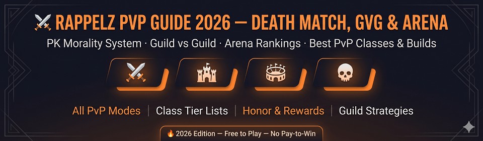 Rappelz PvP guide 2026 covering Death Match, Guild vs Guild, Arena rankings, PK morality system, best PvP classes and builds on Rappelz Tournament