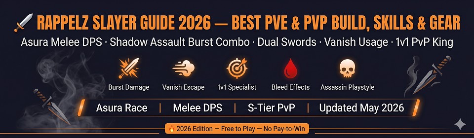 Rappelz Slayer Guide 2026 banner showing Asura melee DPS class with burst damage, dual swords, Vanish escape, and S-Tier PvP ranking on private servers