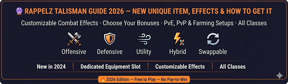 Rappelz Talisman Guide 2026 banner showing the new unique item with customizable combat effects for PvE, PvP, and farming on private servers