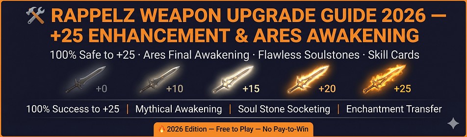 Rappelz weapon upgrade guide covering +25 enhancement, Ares Final Awakening, Flawless Soulstones, and enchantment transfer on Rappelz Tournament private server