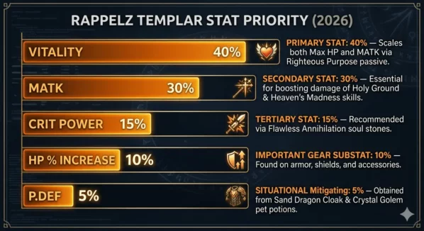 Rappelz Templar stat priority chart. Vitality 40% top priority. MATK 30% second. Crit Power 15% third. HP Increase 10% fourth. P.Def 5% fifth. Based on Righteous Purpose MATK scaling and Flawless Guardian/Annihilation stones.