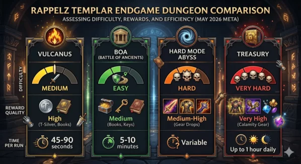 Rappelz Templar endgame dungeon comparison chart. Vulcanus: medium difficulty, high reward, 45-90 seconds per run. BOA: easy difficulty, medium reward, 5-10 minutes. Hard Mode Abyss: hard difficulty, medium-high reward. Treasury: very hard difficulty, very high reward, up to 1 hour daily.