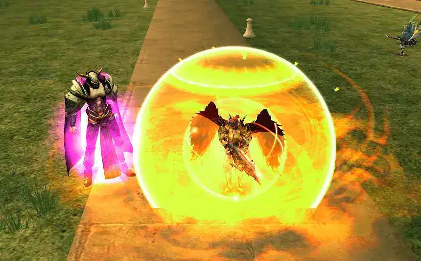 Rappelz Astarot pet standing beside warrior inside yellow shield bubble