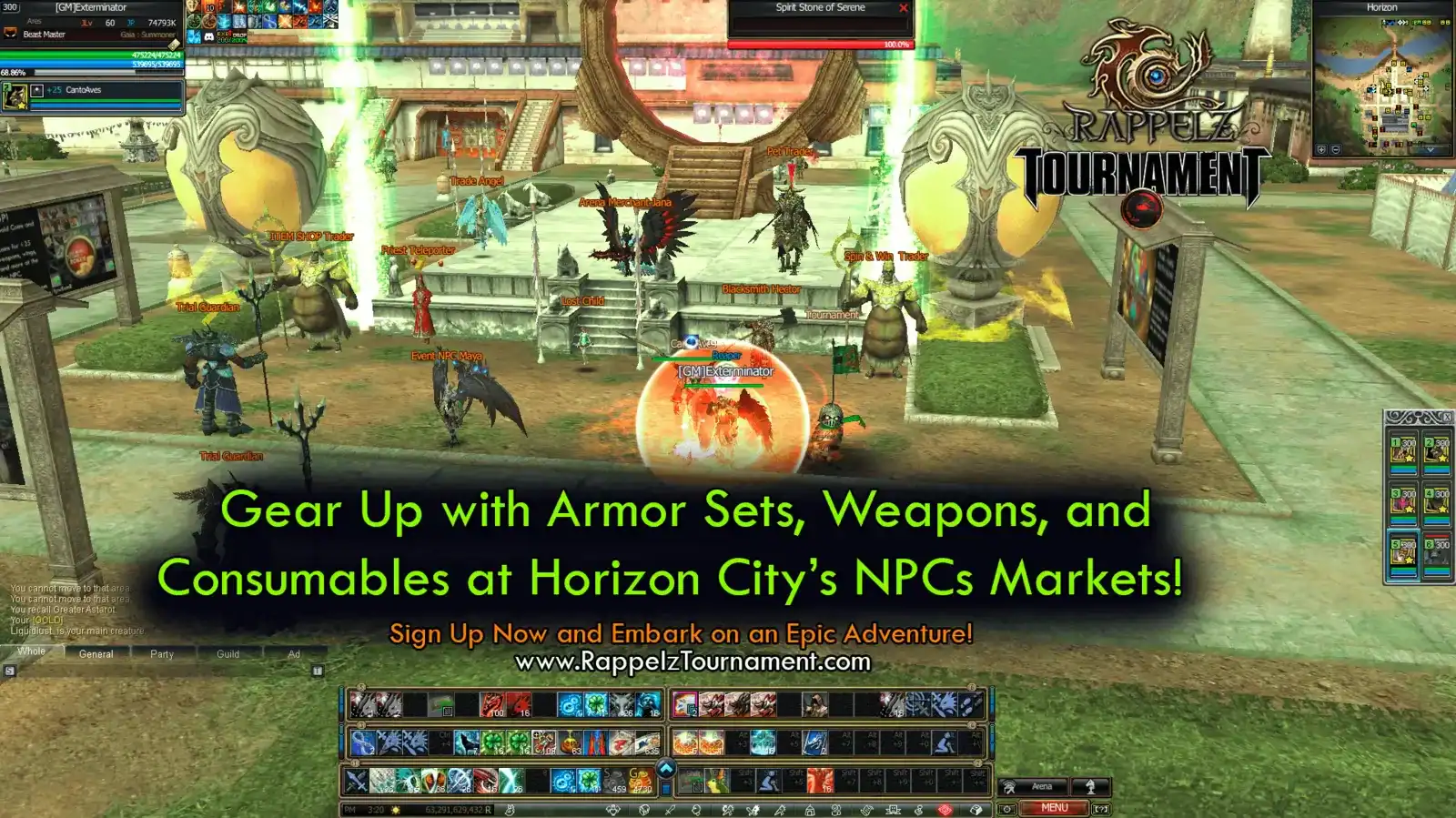 Rappelz Horizon City market with merchant NPCs under archway