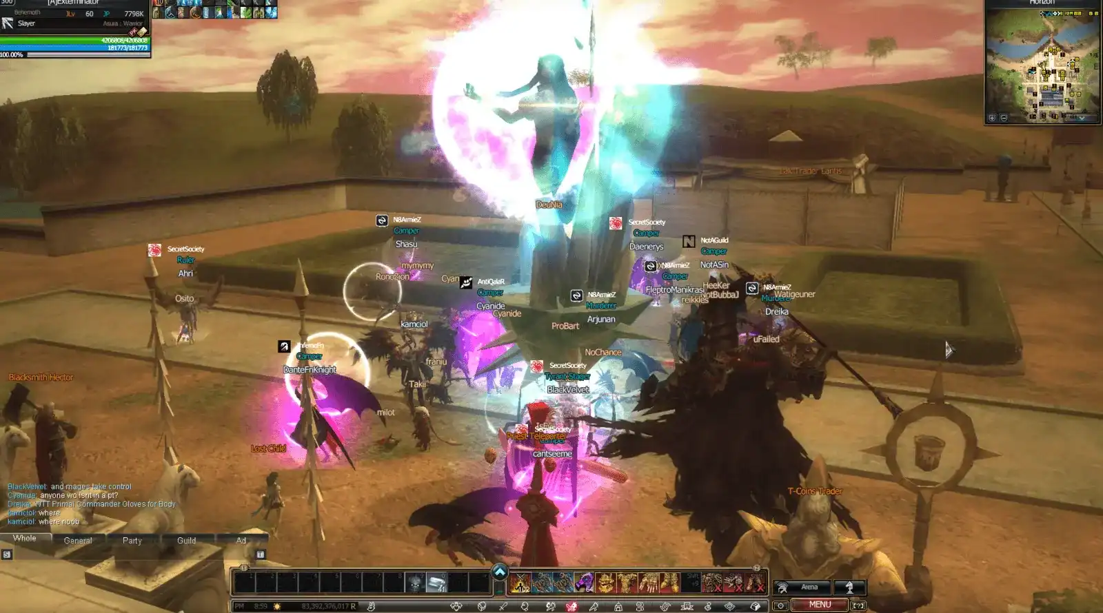 Rappelz crowded player gathering around blue crystal statue in Horizon