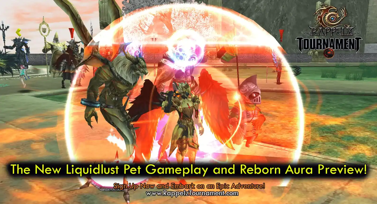 Rappelz Liquidlust pet with glowing orange reborn aura effect