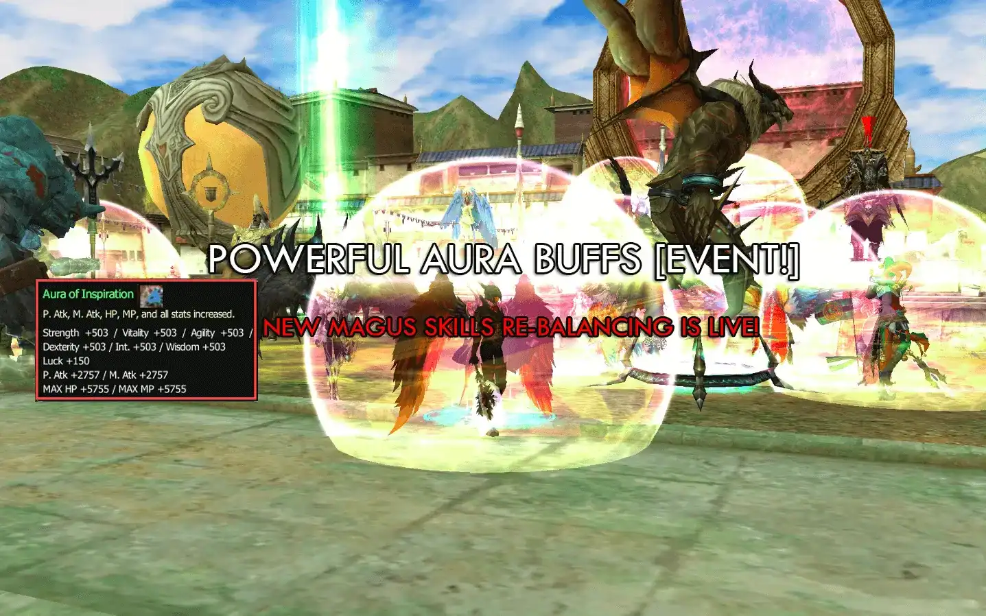 Rappelz Magus class skill rebalance window showing Aura of Inspiration