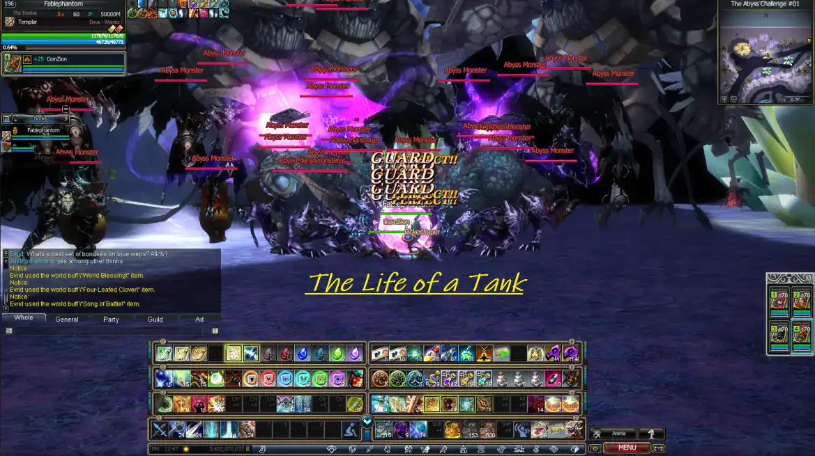 Rappelz Templar tank blocking multiple purple Abyss monsters