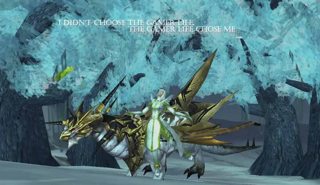 Rappelz white armored dragon mount with rider in blue forest