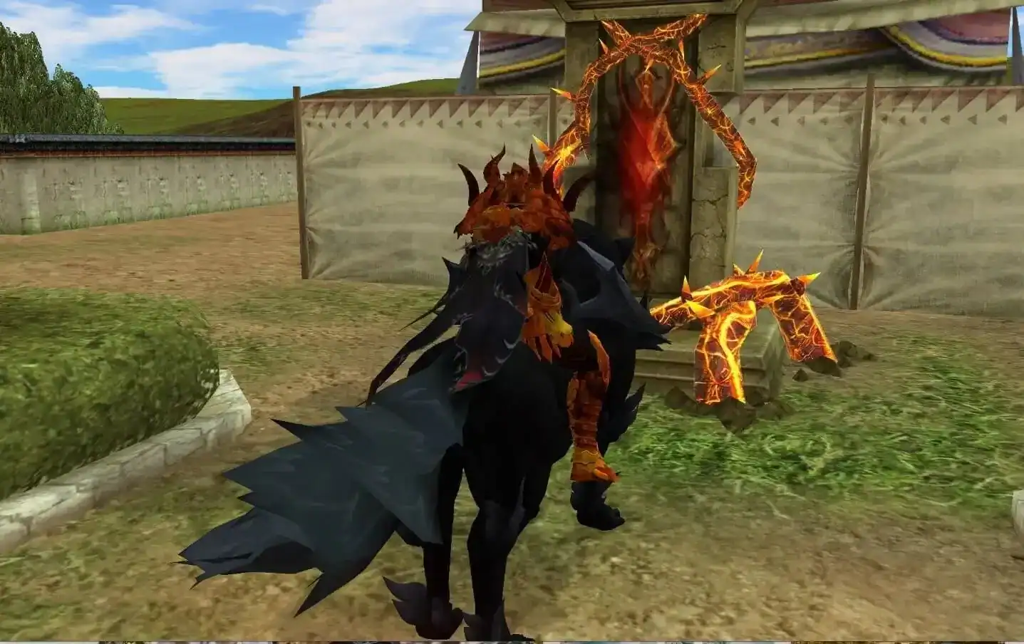 Rappelz player riding black wolf mount near fiery stone gate