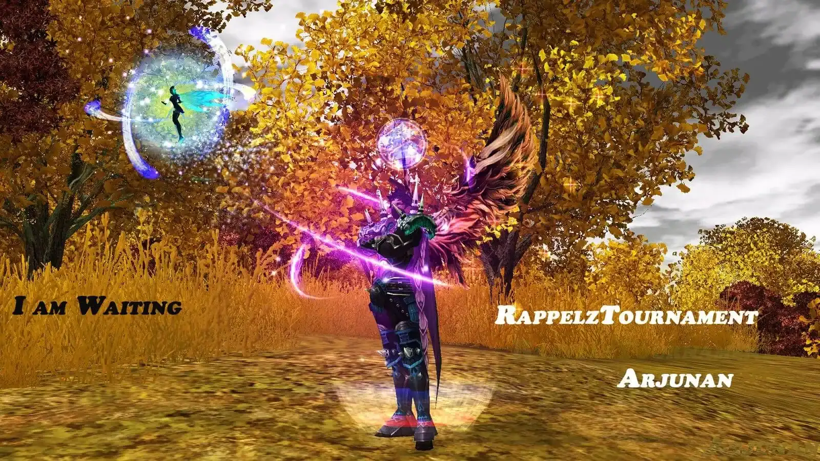 Rappelz winged warrior with fairy pet standing in golden autumn forest