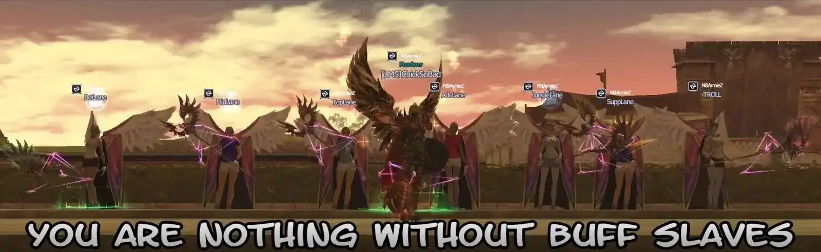 Rappelz row of female buff alt characters with wings at sunset