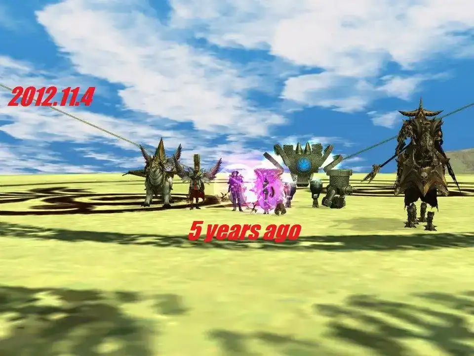 Rappelz party showing classic mechs and winged pets in open field
