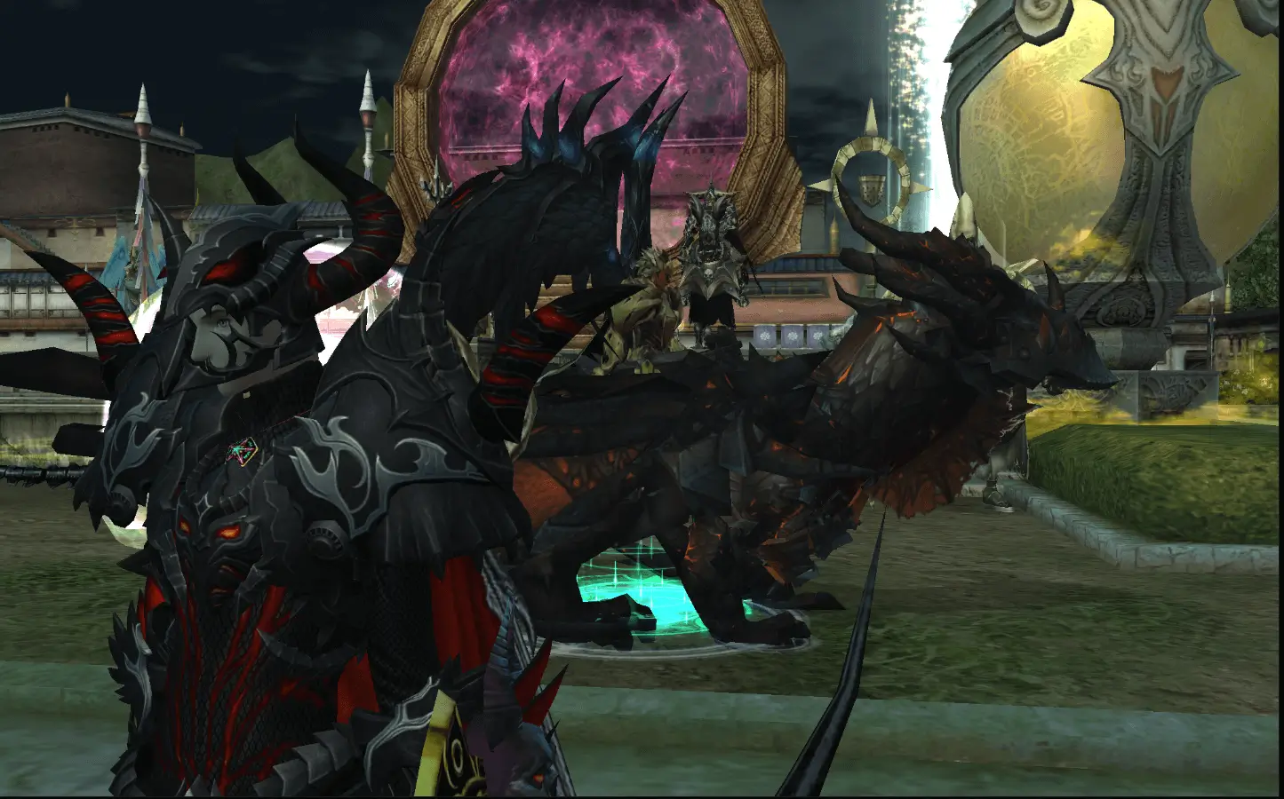 Rappelz dark knight character next to black dragon mount in town