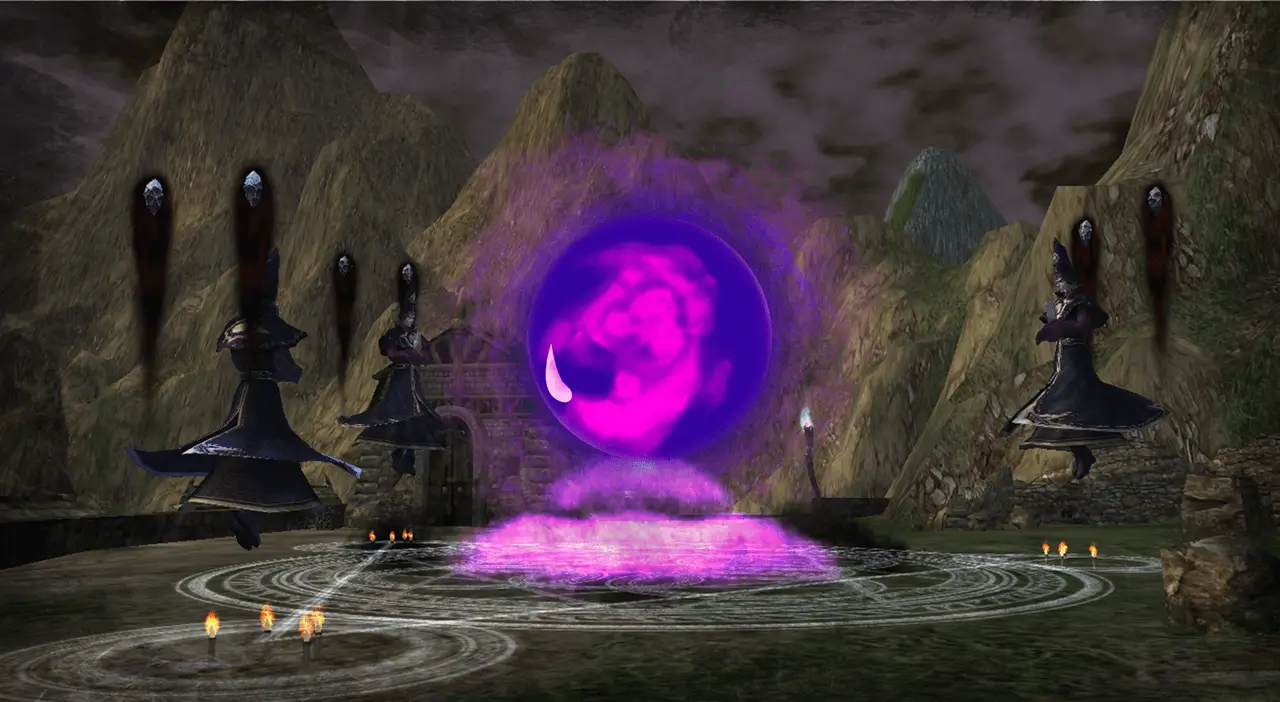 Rappelz floating dark cultists channeling purple magic portal