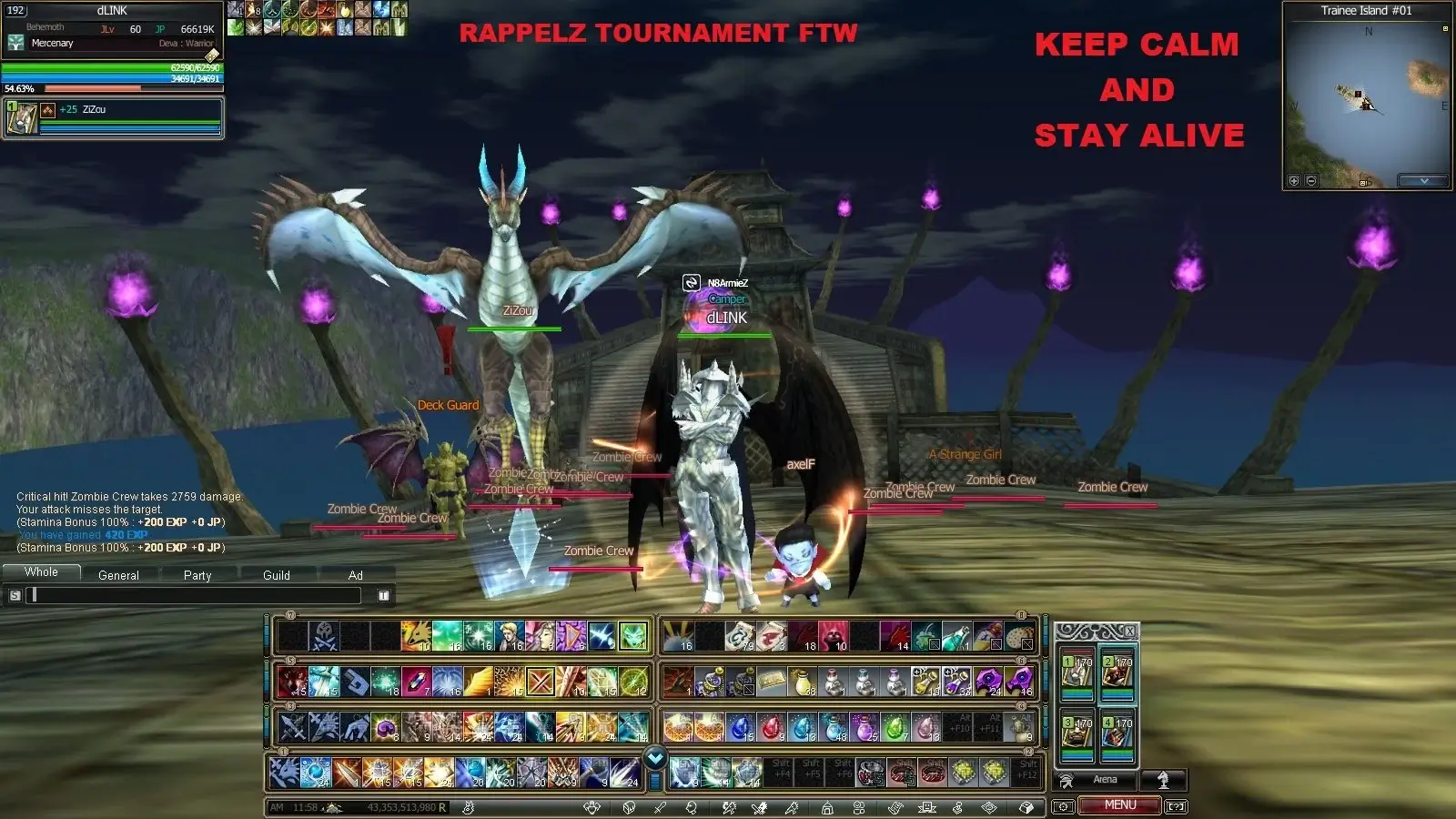 Rappelz white dragon pet hovering over player fighting zombie crew
