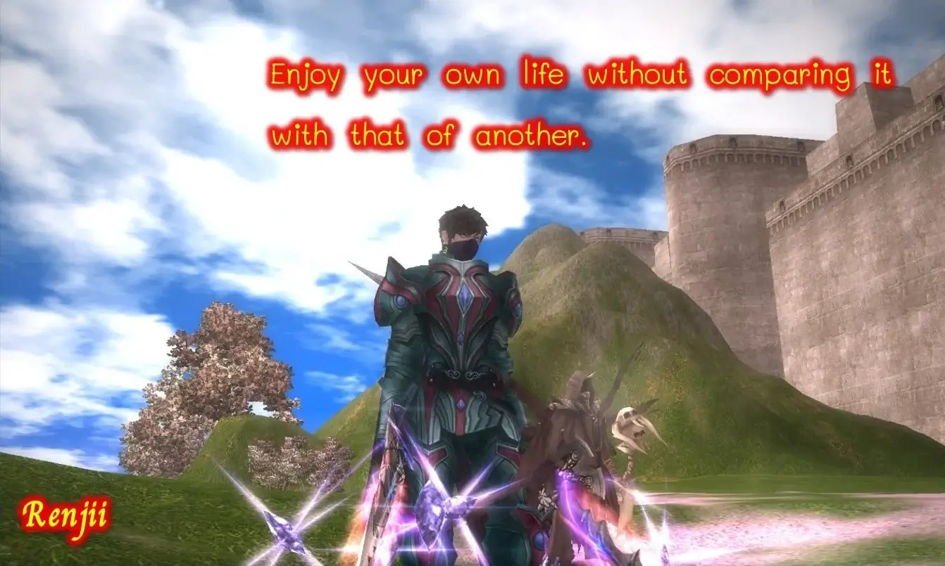 Rappelz warrior with dual purple glowing swords outside stone castle