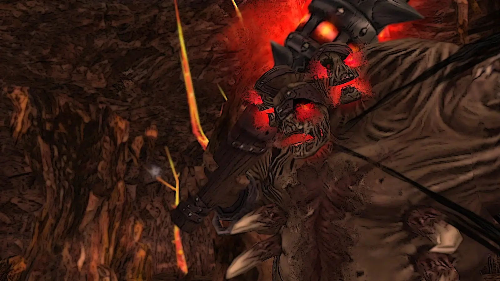 Rappelz fiery ogre boss holding glowing skull mace up close