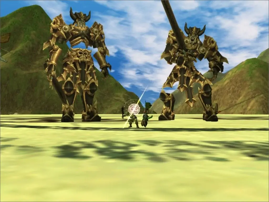Rappelz players fighting two giant golden colossus bosses on green plain