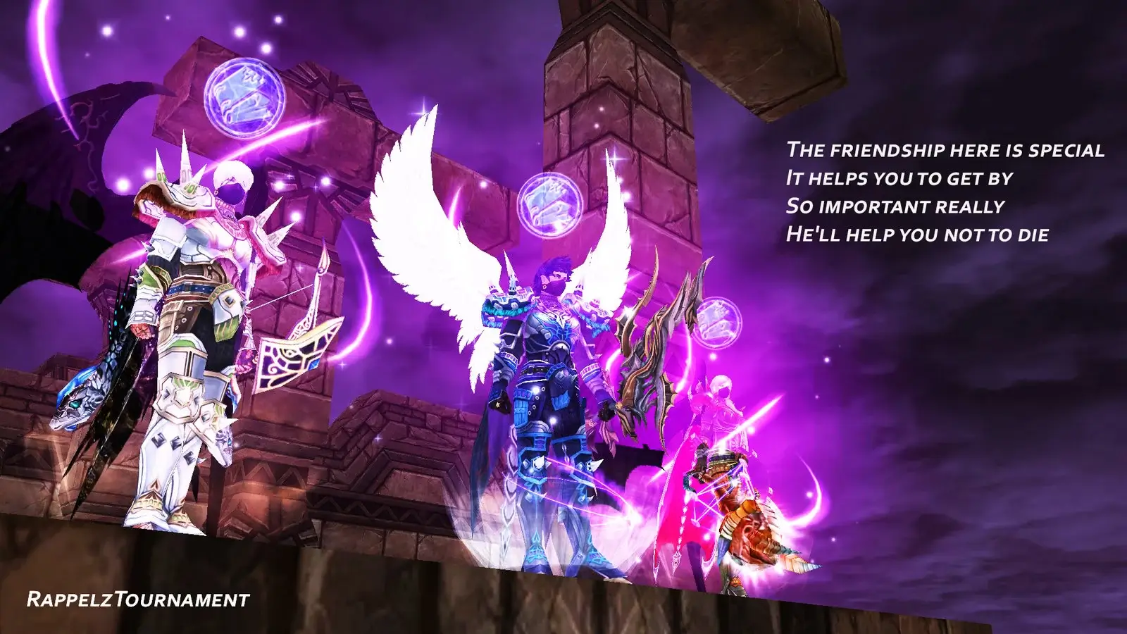 Rappelz party of winged archers glowing purple in stone fortress