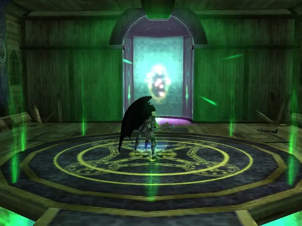Rappelz player with black wings entering glowing green ritual doorway
