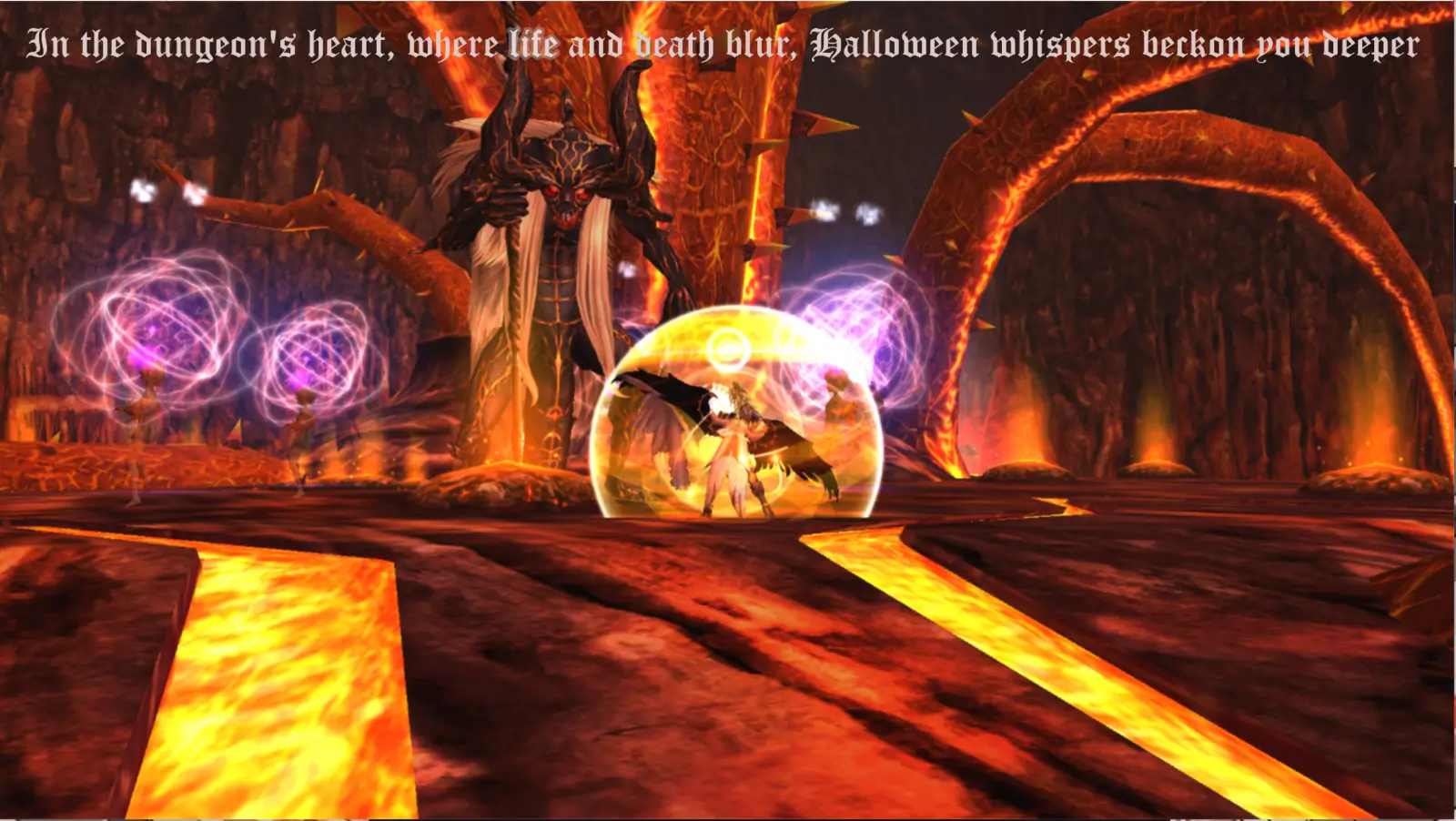 Rappelz player fighting horned demon boss over lava rivers