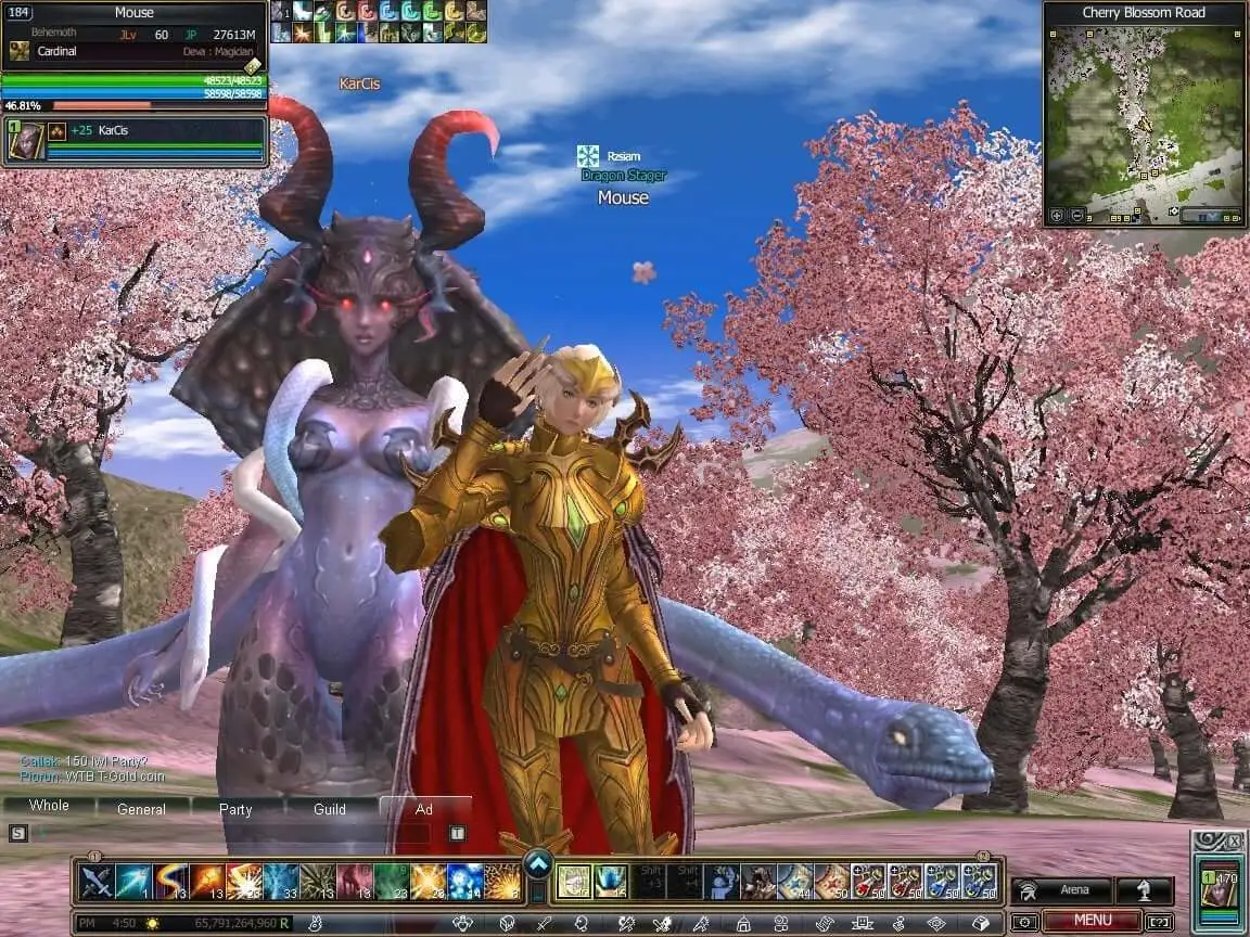 Rappelz golden warrior standing in front of giant purple Naga pet