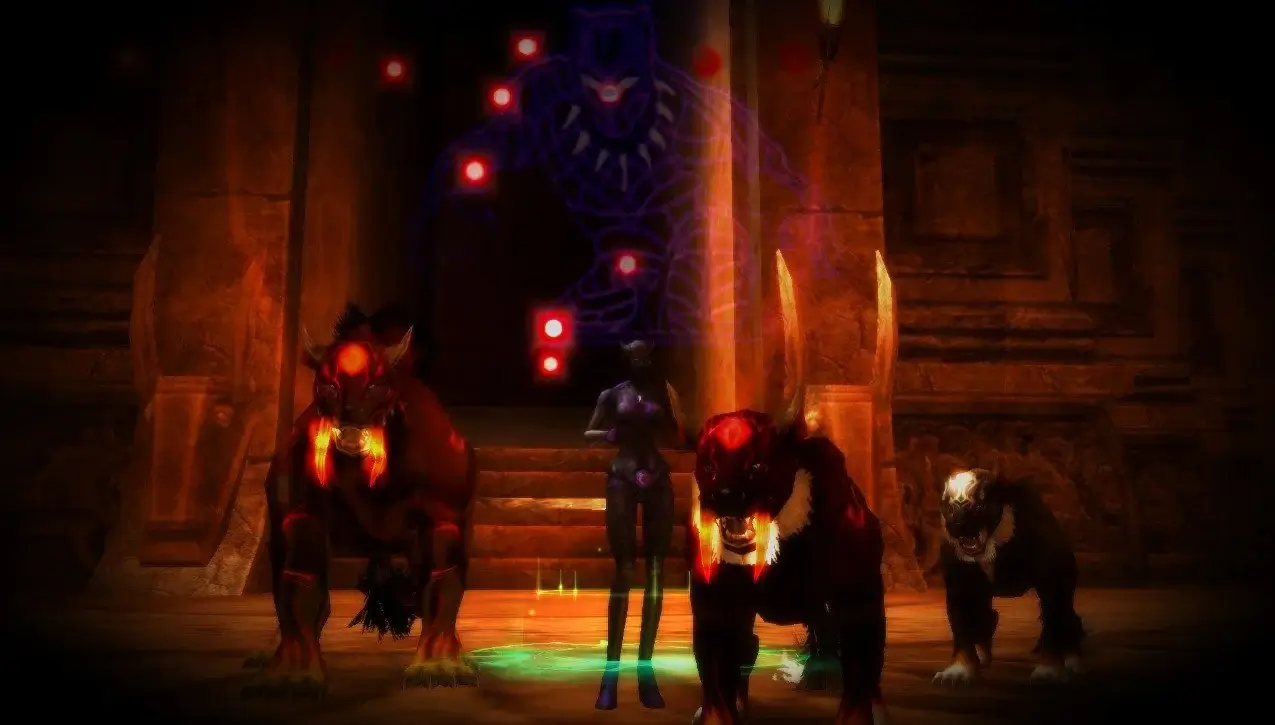 Rappelz tamer with three horned black panther pets in dark temple