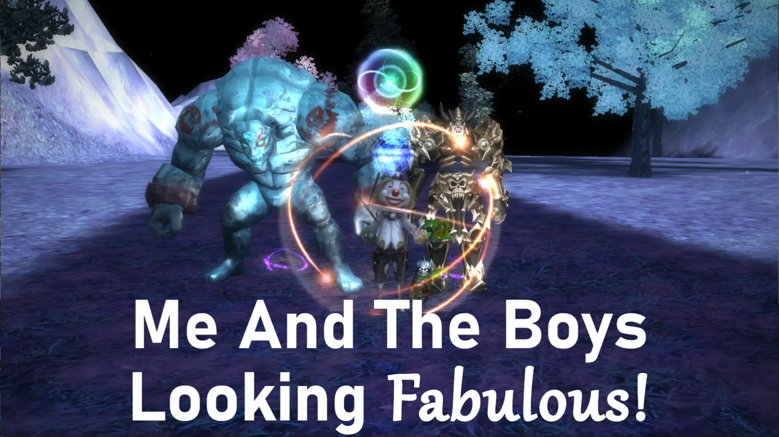 Rappelz party showing ice golem and clown character in snowy zone