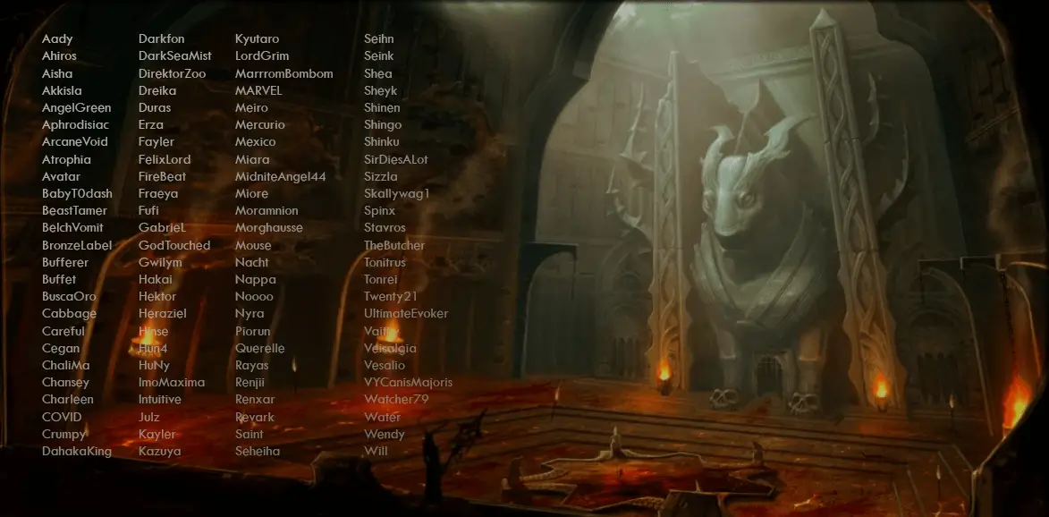 Rappelz player hall of fame text list over wolf statue temple