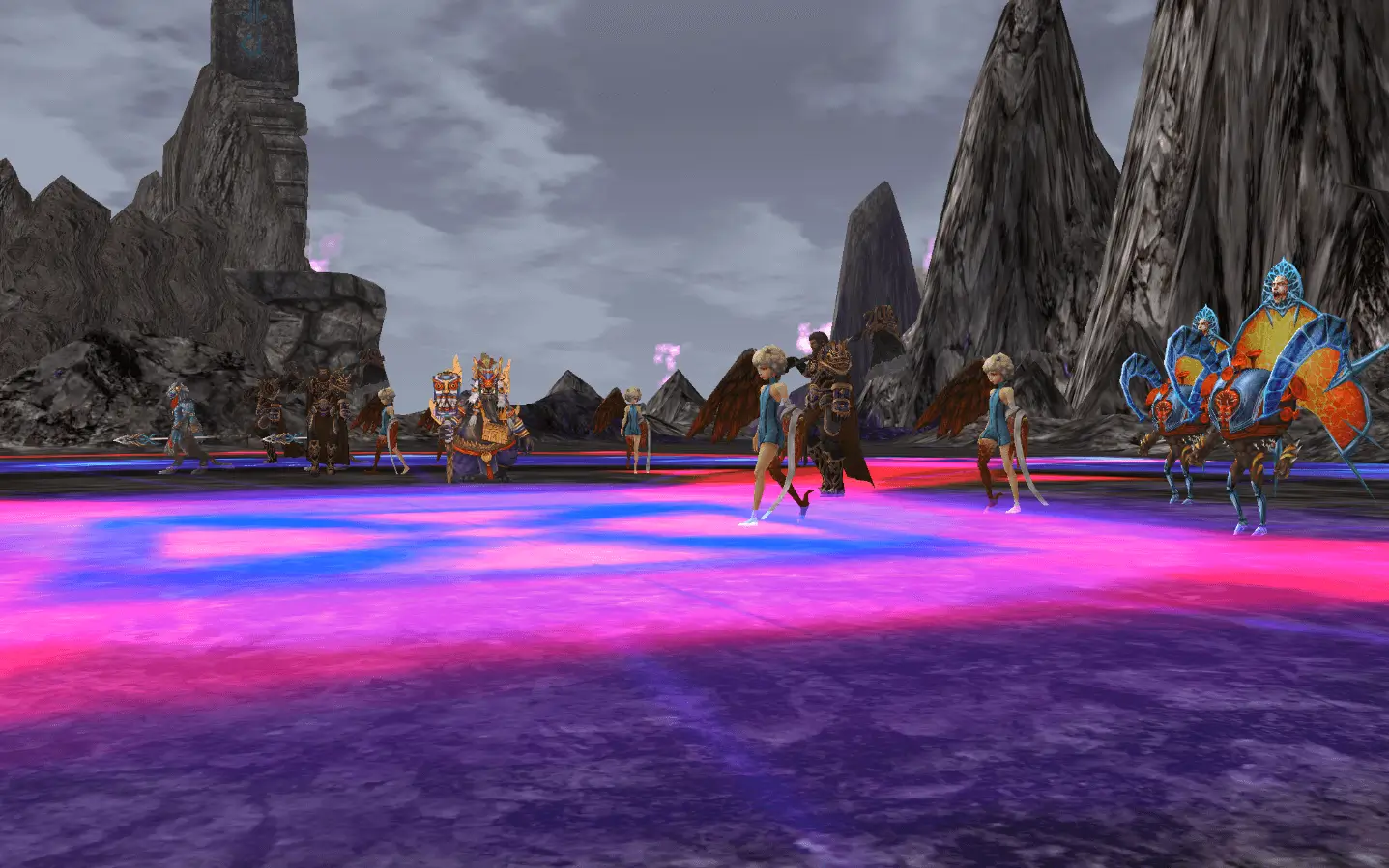 Rappelz players lined up on pink glowing arena floor under dark sky