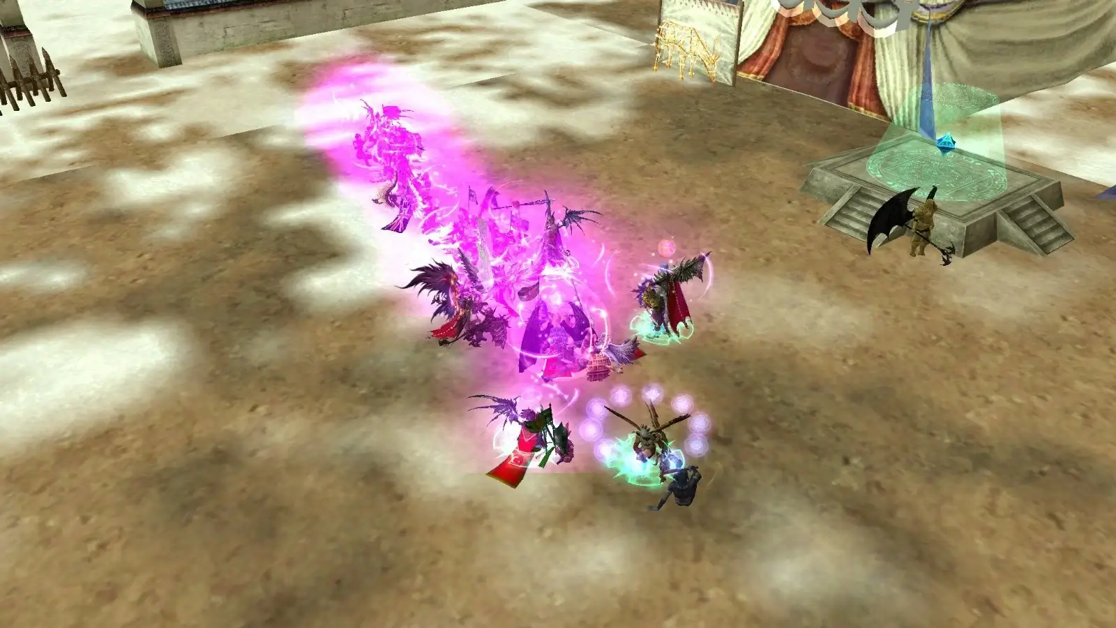Rappelz top-down view of pink spell effects in arena PvP battle