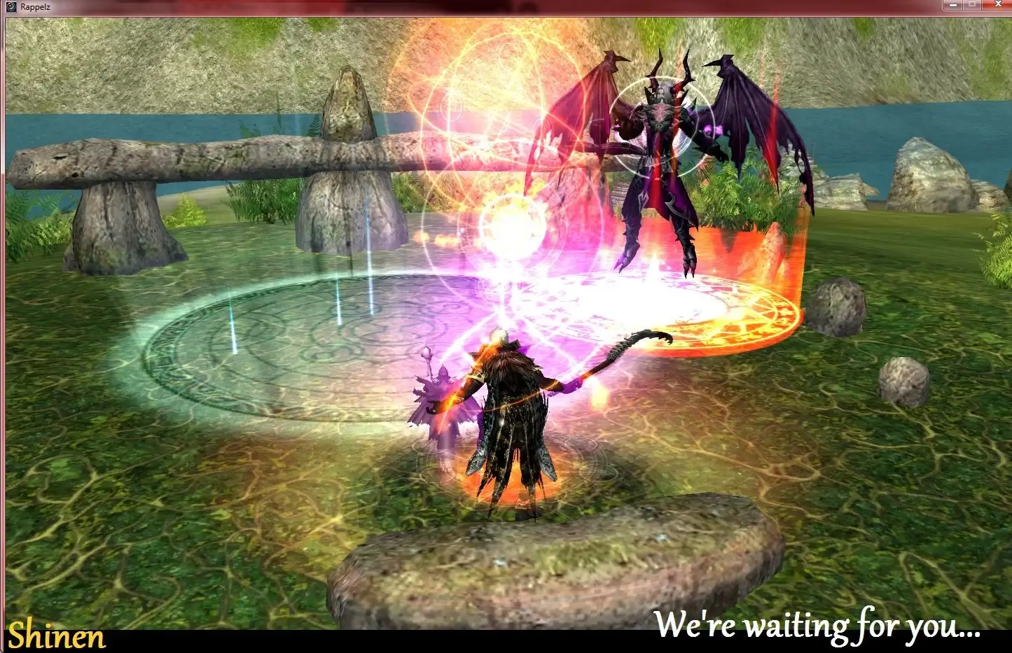 Rappelz Shinen boss casting pink magic circles in green meadow