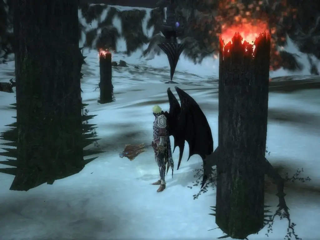 Rappelz black winged warrior standing between burning pillars in snow