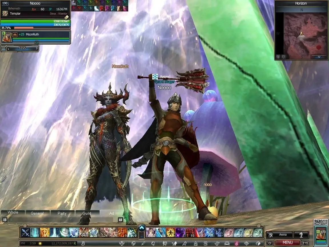 Rappelz warrior raising mace next to female armor character near giant mushroom