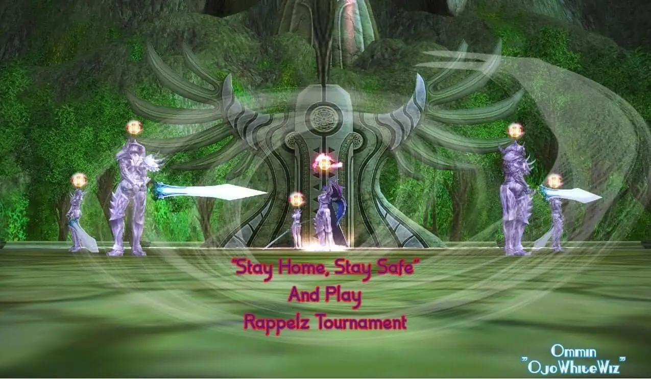 Rappelz glowing warrior statues with swords in green temple sanctuary