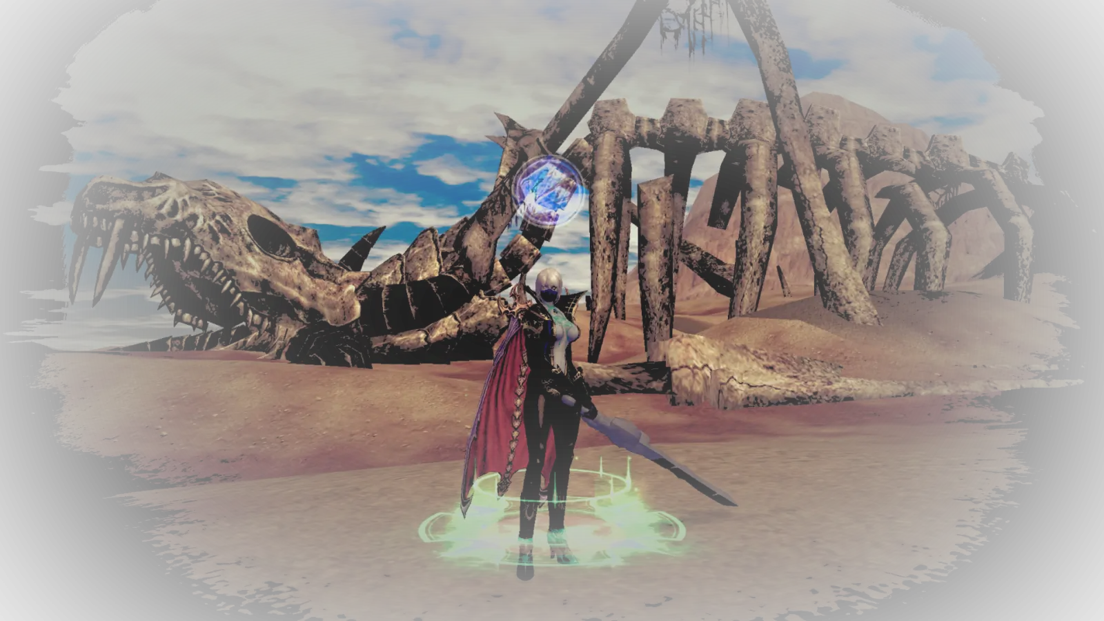 Rappelz warrior with red cape near giant dragon skeleton in desert