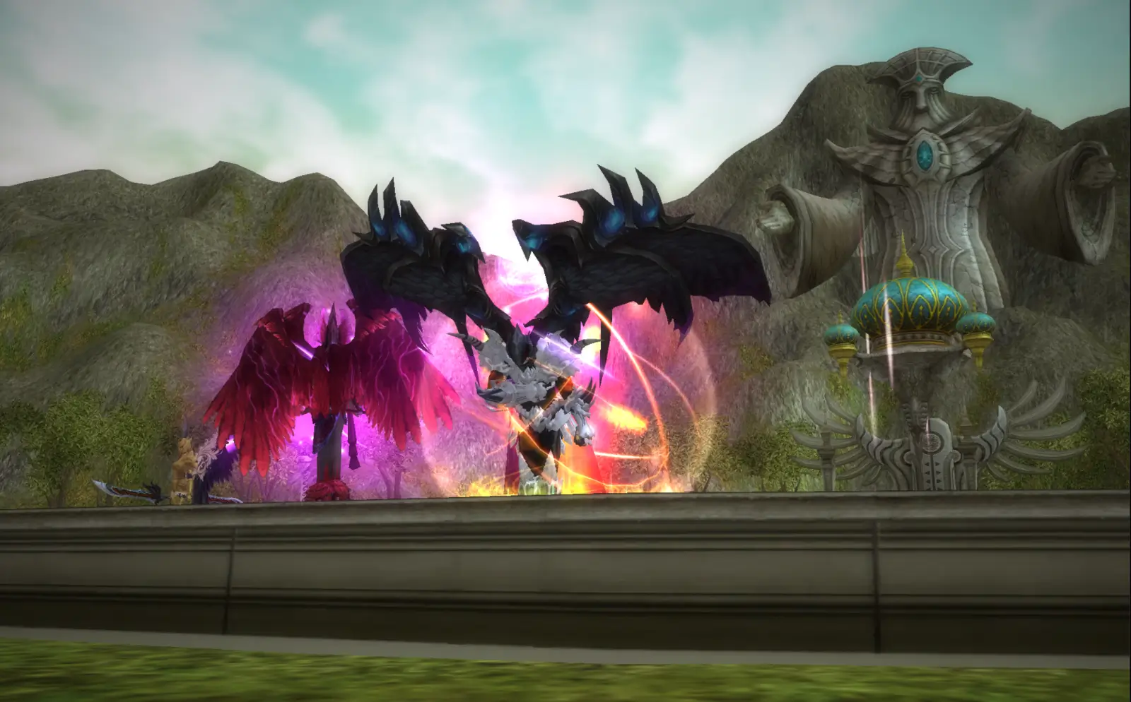 Rappelz battle with dark red winged character near mountain statue