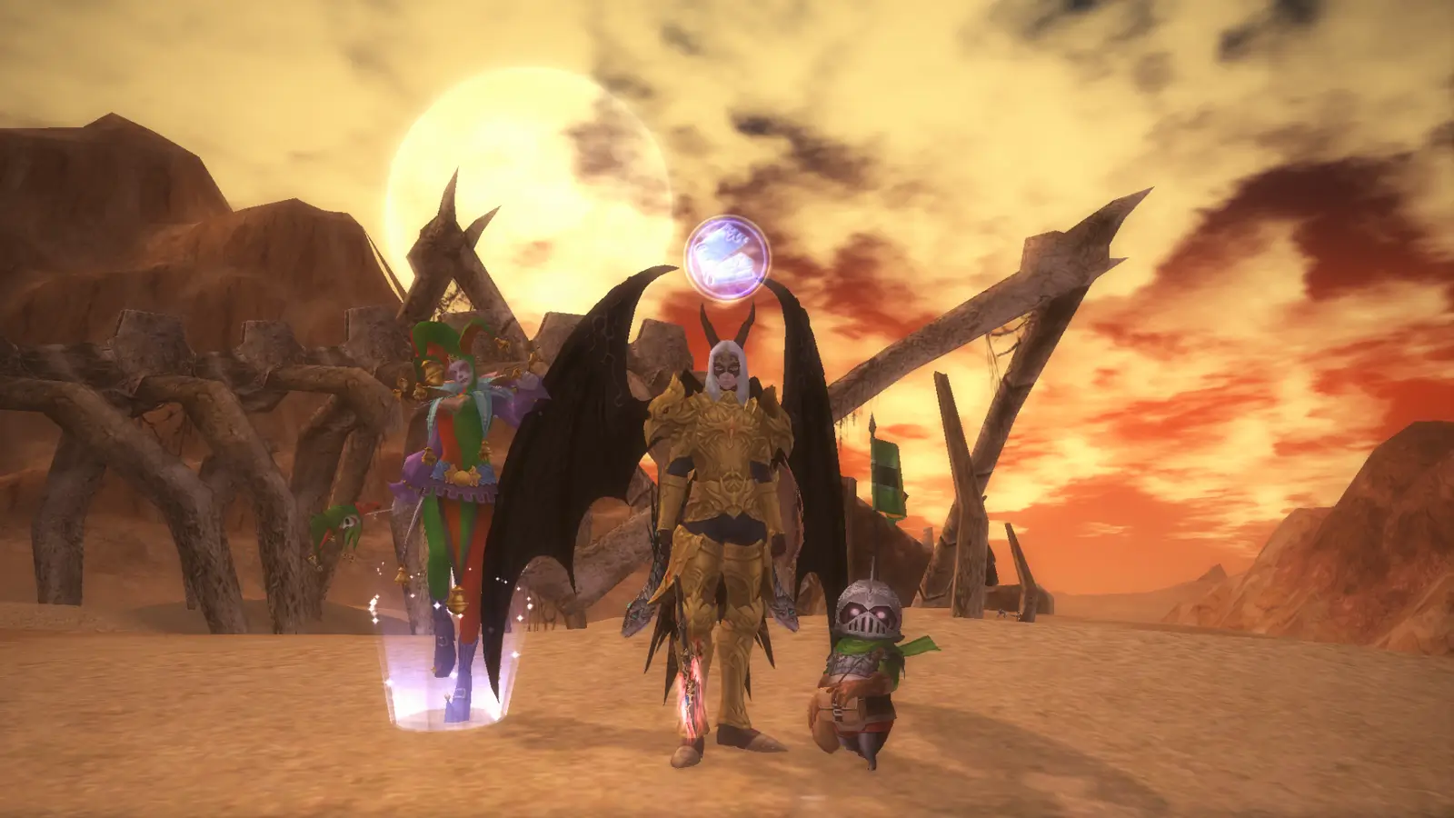 Rappelz golden warrior with black wings standing in desert at sunset