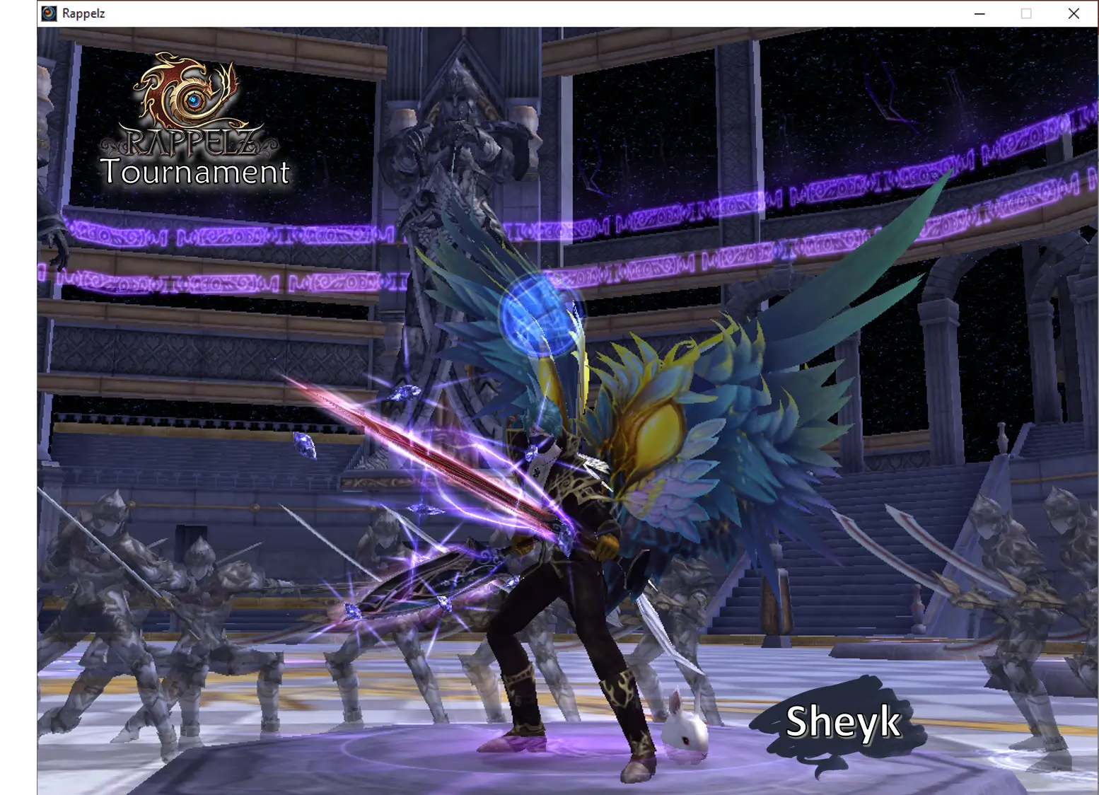 Rappelz warrior with blue feather wings dual wielding purple swords
