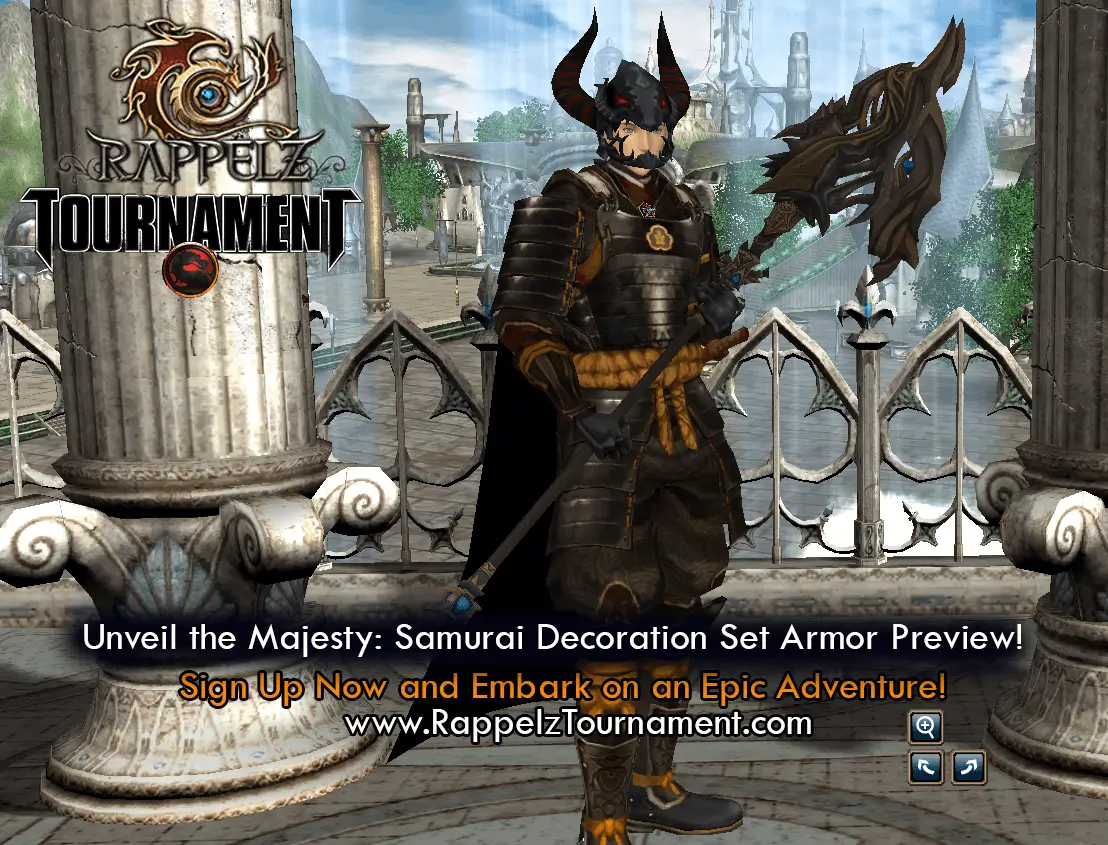 Rappelz Samurai decoration armor set with horned helmet and polearm