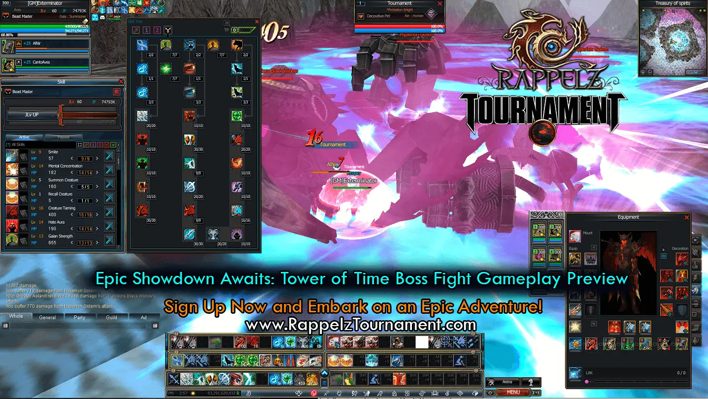 Rappelz Tower of Time UI showing Hyperion Golem boss fight