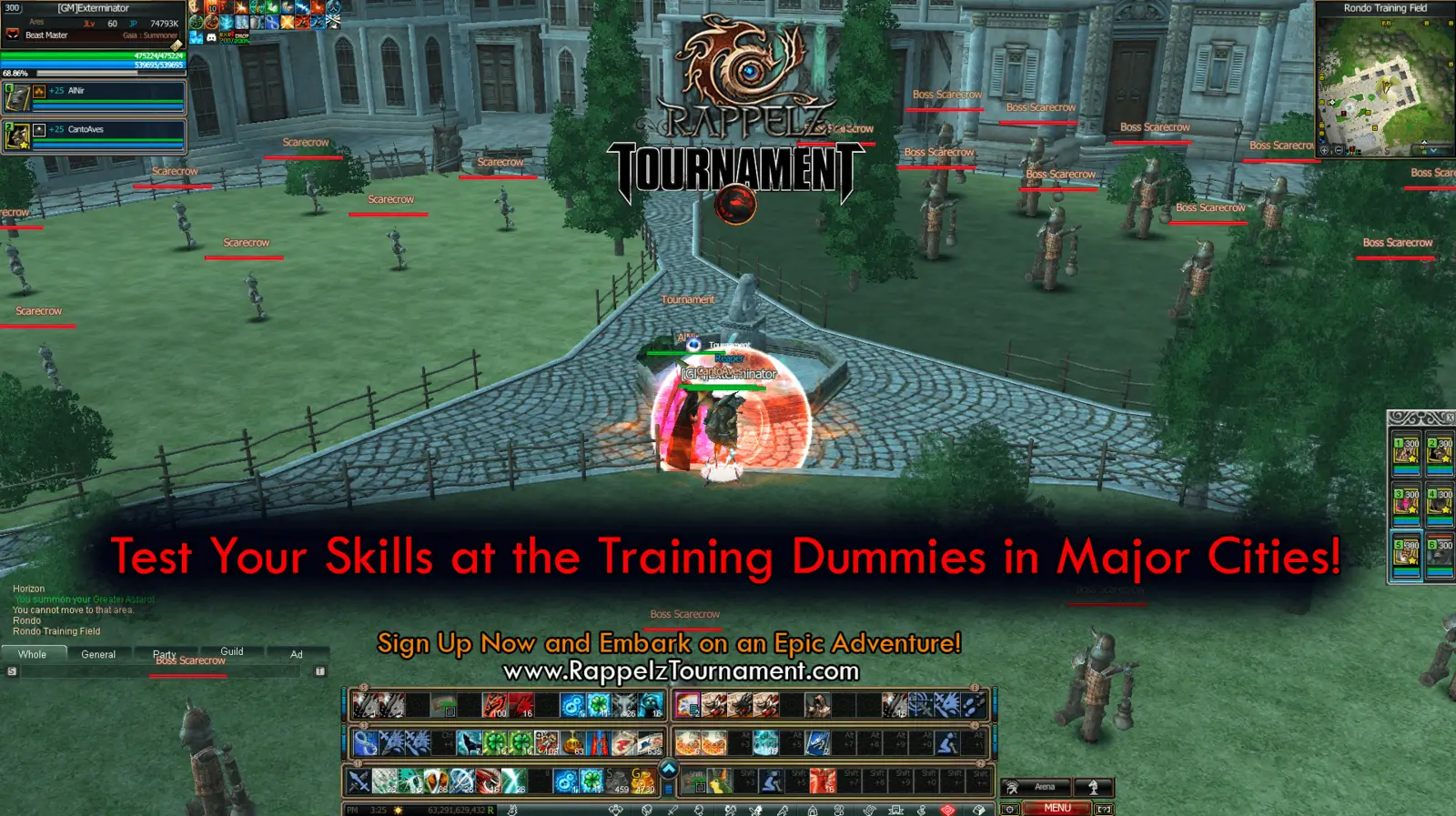 Rappelz training scarecrows in green Rondo field training ground