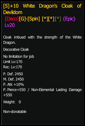 White Dragon's Cloak of Devildom stats preview