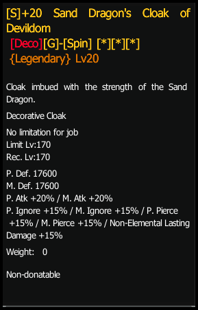 Sand Dragon's Cloak of Devildom stats preview