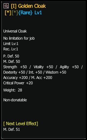 Golden Cloak stats preview