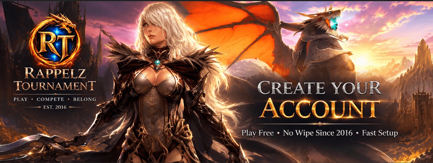 Rappelz Tournament create account banner with RT logo, white-haired warrior and dragon